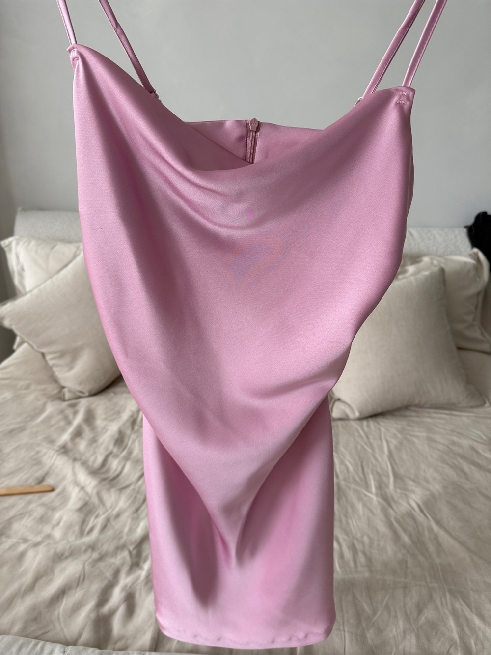Satin Cowl Neck Mini Slip Dress in Pink